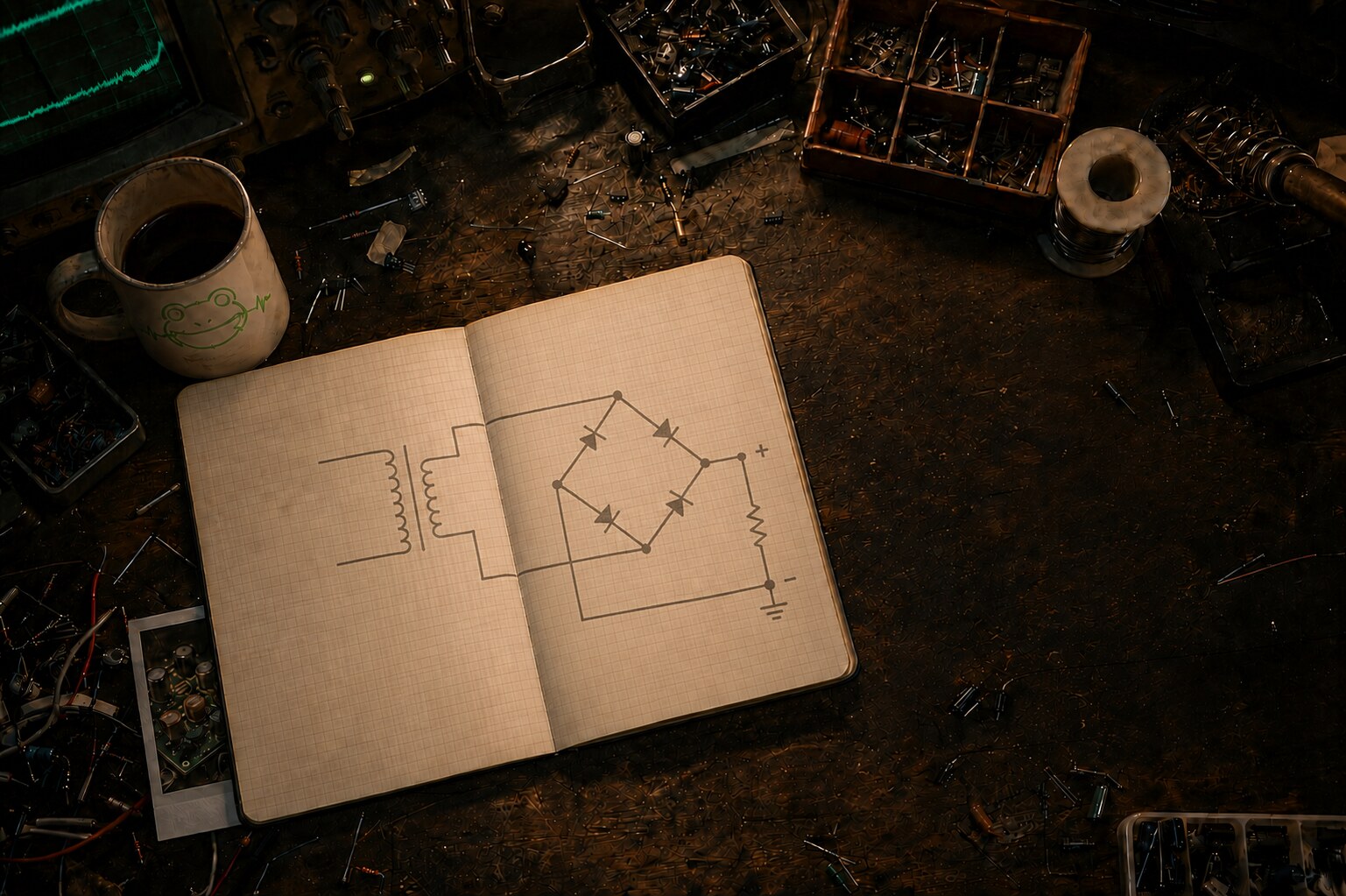 A moody electronics workbench with a branded Grinning Frog mug and an open notebook showing a hand-drawn bridge rectifier schematic