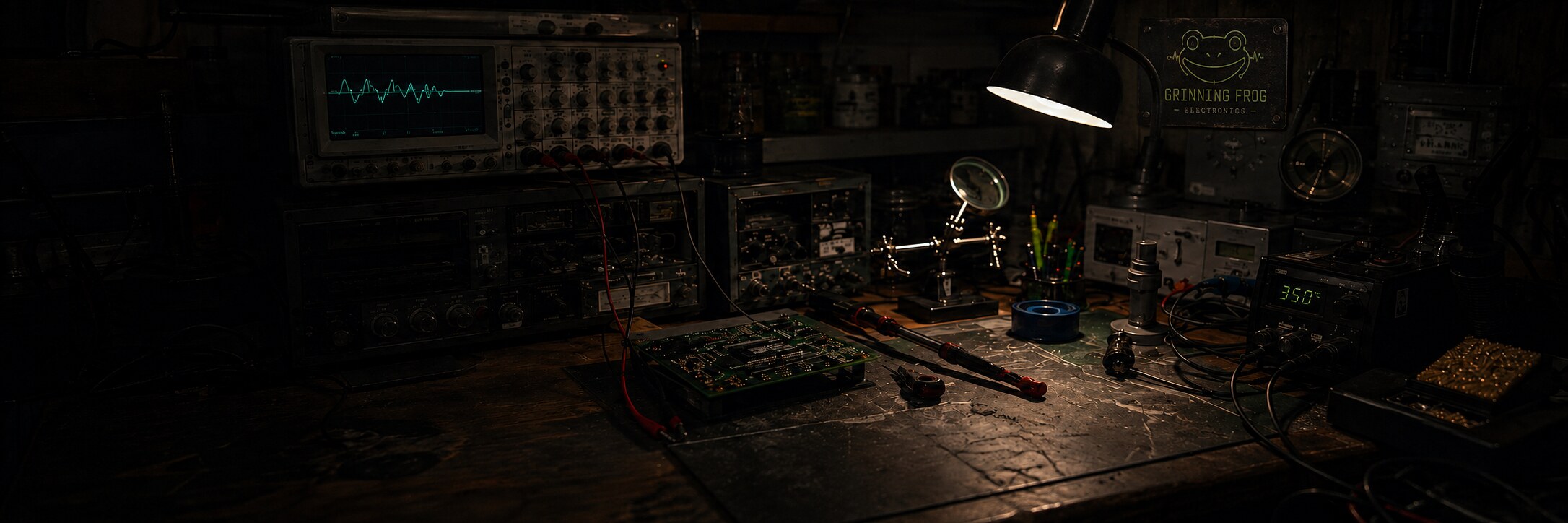 A working electronics repair bench with an oscilloscope, circuit board, probes, soldering tools, and test equipment