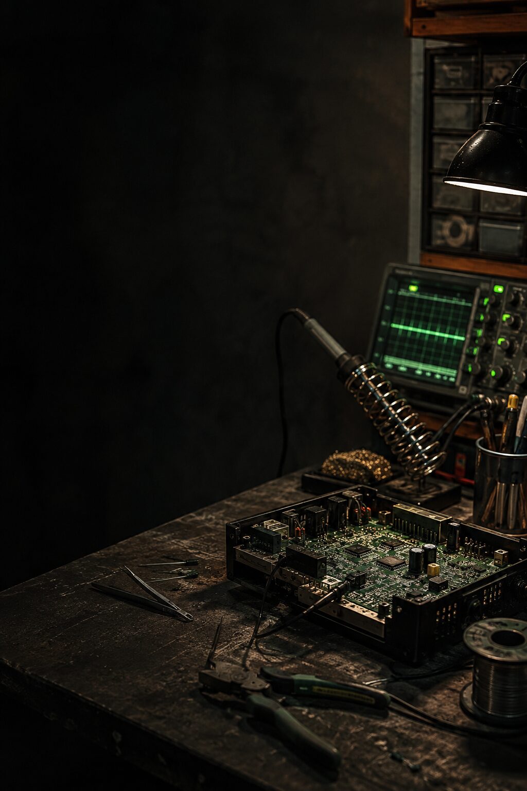 A dark electronics workbench with test equipment, soldering tools, and an open circuit board