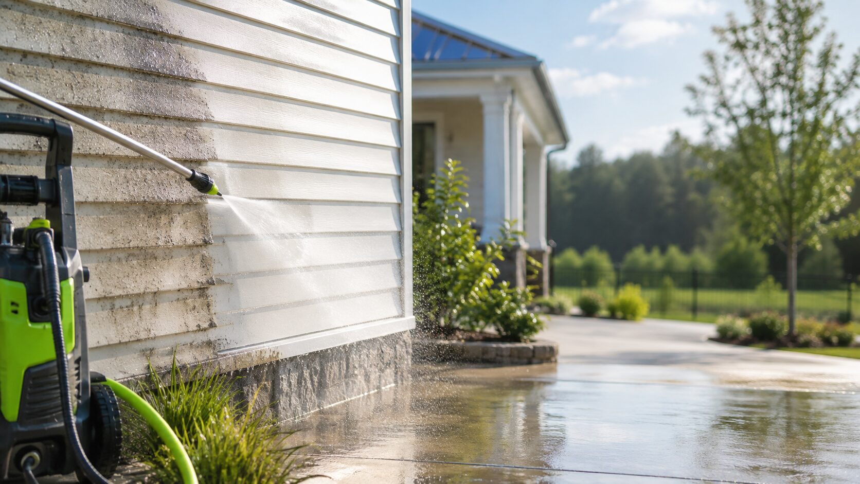 Pressure washing reveals clean white siding on a bright South Jersey home